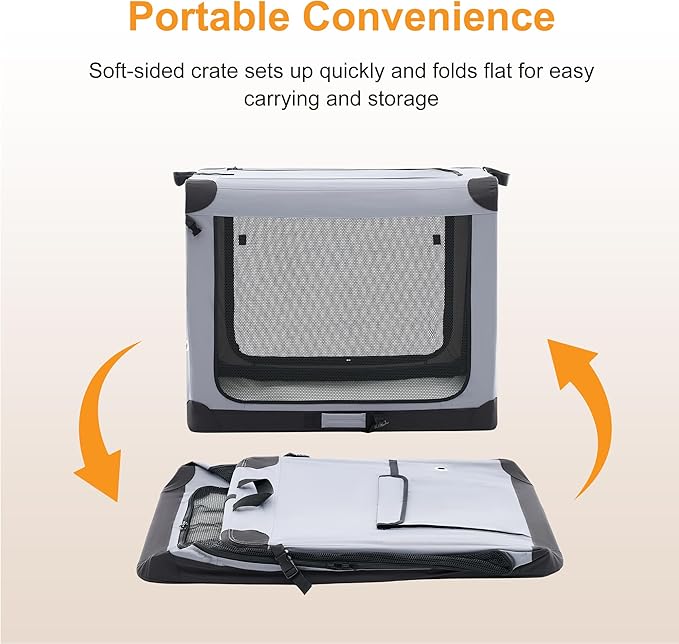 Dog Travel Crate 24 Inch, Portable Soft-Sided Travel Carriers for Dogs and Cats, Foldable Pet Kennel with 3-Doors Mesh Windows Indoor & Outdoor, Grey