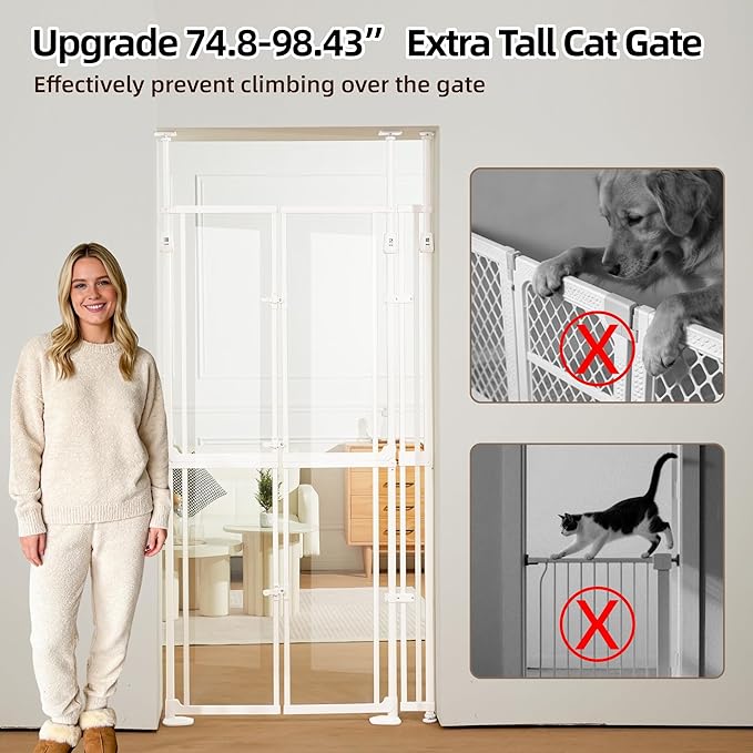 74.80-98.43'' Extra Tall Cat Gate, Adjustable 33.86 and 41.7" Wide, Transparent Full Door Pet Gate, Auto Close No Drilling Cat Proof Safety Gate for Doorway Stairs- White