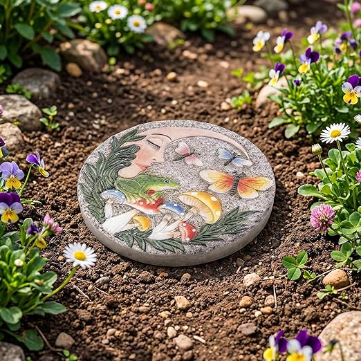 Garden Stepping Stones Outdoor, 9.8" Resin Frog Stepping Stone with Moon Butterfly Mushroom, Spring Decorative Round Walkway Gardening Gifts Home Decor for Outside Yard Pathway Patio Lawn