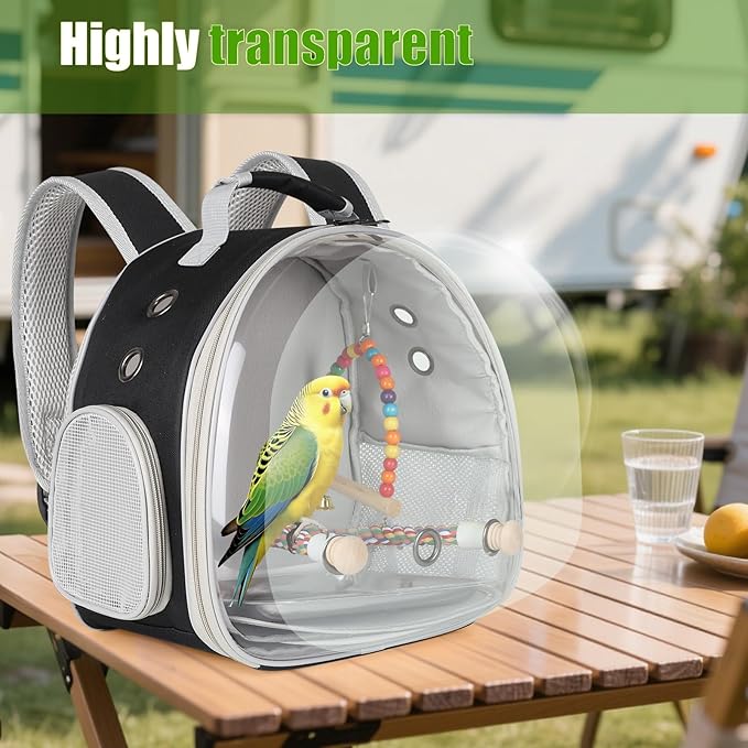 Portable Parrot Travel Cage Carrier with Small Swing Toy&Cage Colorful Toys Set Small Bird Parakeet Bag with Standing Perch Bird Carry Transport Bag (Black, Backpack/Swing)