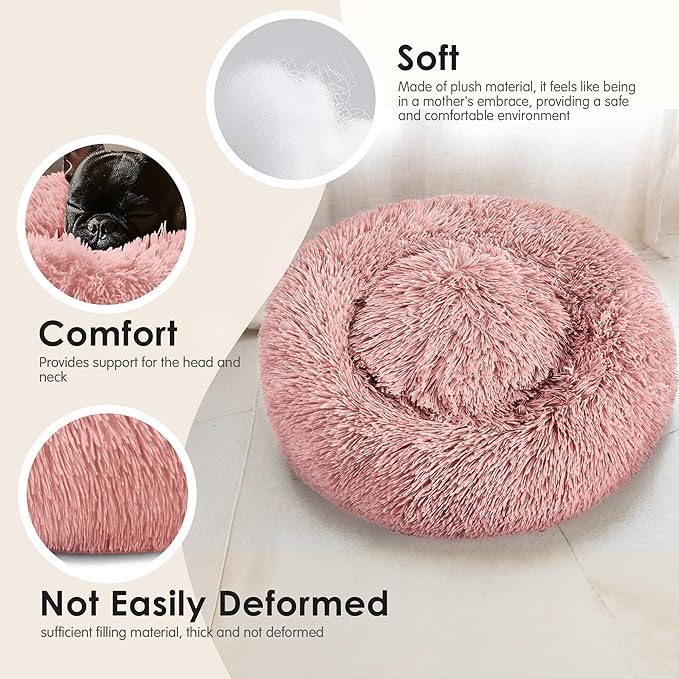 Dogs Bed for Small Dogs, Anti-Anxiety Washable Round Bed (Pink, 24.0" L x 24.0" W x 8.0" Th)