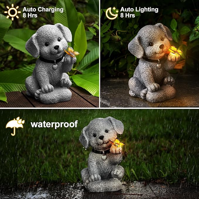 Solar Dog Garden Statue with Lantern Light – 8.2in Outdoor Dog Figurine for Women, Mom, Grandma,Garden Gifts，Home Decoration with Butterfly