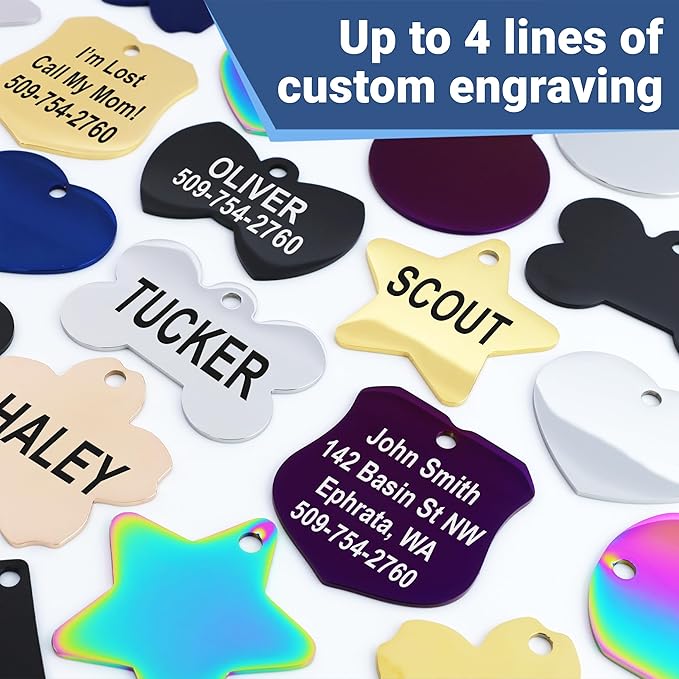GoTags Stainless Steel Pet ID Tags, Personalized Dog Tags and Cat Tags, up to 8 Lines of Custom Text, Engraved on Both Sides, in Bone, Round, Heart, Bowtie and More (Star, Regular (Pack of 1))