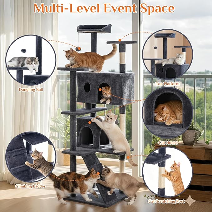 Sweetcrispy 80 Inch Cat Tree Tower, Multi-Level with Cat Scratching Post, Indoor Cat Condo with Climbing Ladder, Plush Toy, Play House for Cat, Dark Grey