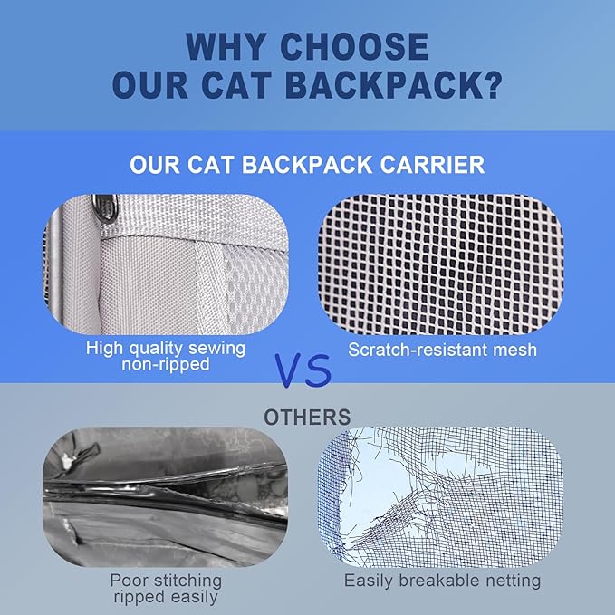 Pesen Cat Backpack Carrier, Breathable & Foldable Pet Carriers for Cats, Small Dogs and Rabbits Under 15 lbs, Airline Approved Dog & Cat Carrier Backpack for Hiking, Travel, Camping, Light Gray