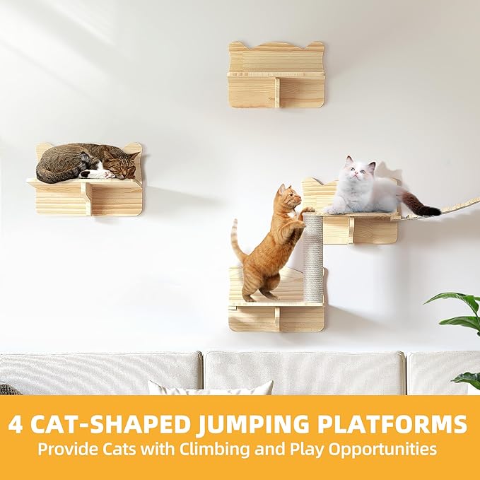 18-in-1 Cat Wall Shelves, Cat Wall Furniture Pine Wooden Wall Mounted Cat Shelf, Floating Cat Shelves Set and Perches, Condos, House, Steps, Bridge Ladder, Scratching Post and Tunnel