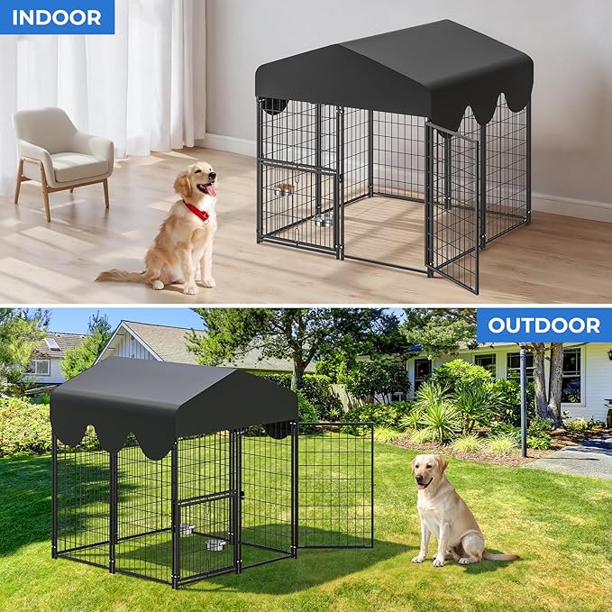 4x4x4.5ft Outdoor Dog Kennel, Metal Heavy Duty Dog Run with Rotating Door & 2 Adjustable Bowls, Dog Kennel Outside with Waterproof Cover, Pet Enclosure Indoor for Small/Medium/Large Dogs