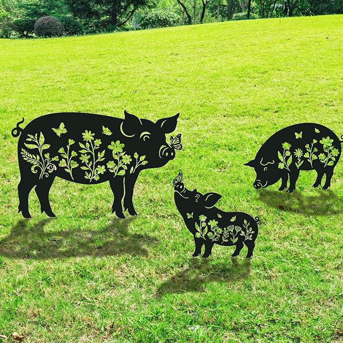 Pig Metal Garden Stakes Yard Decor, 3PCS Pig and Butterfly Silhouette Outdoor Garden Decor for Yard Art, Patio, Outside, Lawn Ornaments