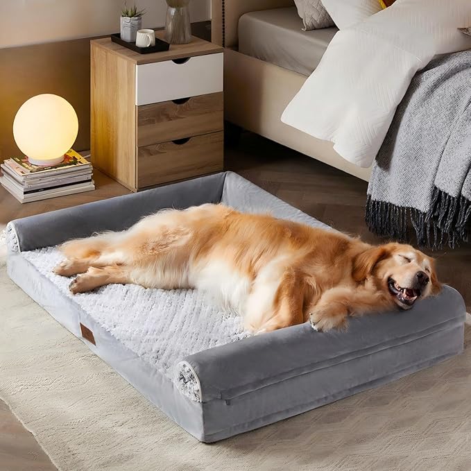 WNPETHOME Orthopedic Dog Beds for Large Dogs, Waterproof Memory Foam Large Dog Bed with Sides, Non-Slip Bottom and Egg-Crate Foam Big Pet Couch Bed with Washable Removable Cover, Grey
