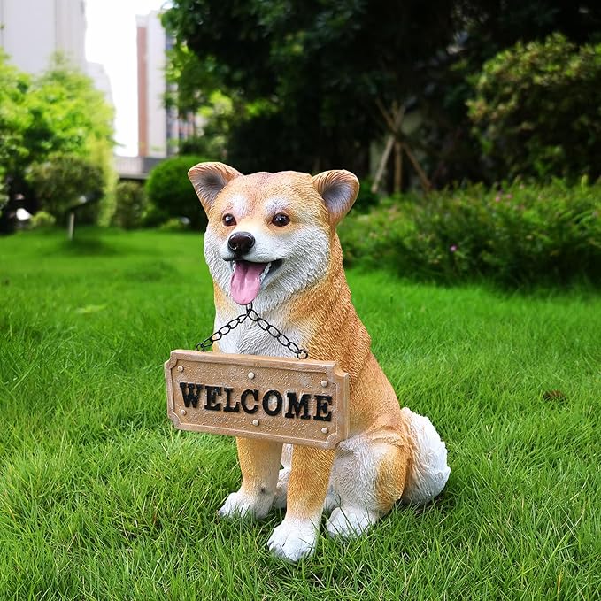 Akita Statue Outdoor Decorations – Dog Statues Outdoor Sitting Akita with Hanging Solar Light and Welcome Sign with Replaceable Solar Light & Welcome Sign for Porch Décor