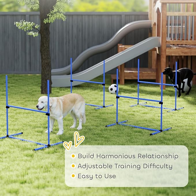 PawHut 4 Piece Dog Agility Training Equipment for Dog Agility Course with Adjustable Height Jump Bars, Included Carry Bag, & Displacing Top Bar, Blue