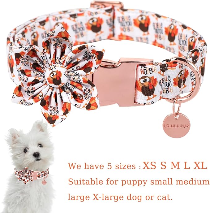 Thanksgiving Dog Collar with Flower, Turkey Cotton Flower Collar for Puppy Girl Dog or Cat, Autumn Flower Collar with Durable Metal Buckle, Thanksgiving Pet Collar, M, Neck 13.5-22in