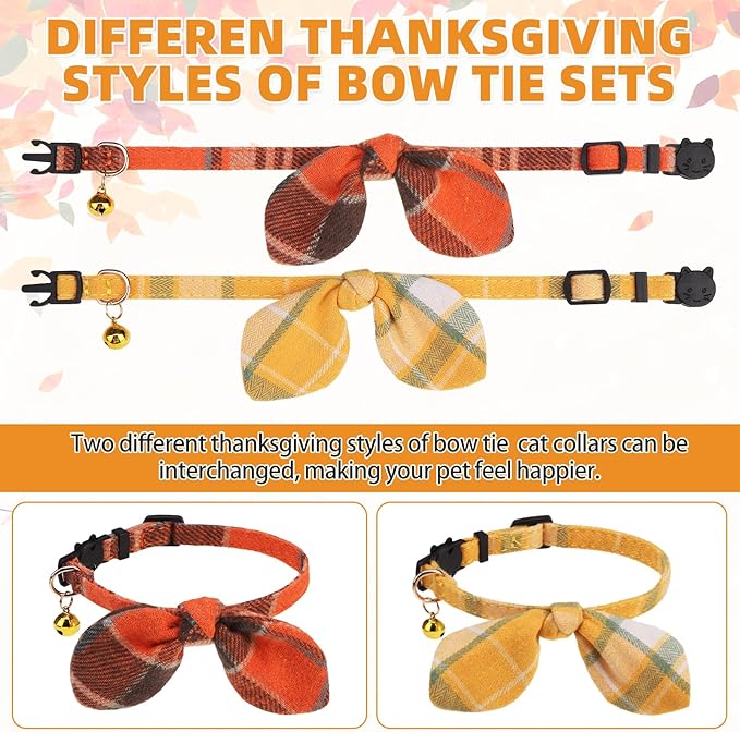 KOOLTAIL Cat Collar Breakaway with Bowtie and Bells, 2 Pack Cute Kitten Collars for Boys & Girls, Classic Plaid Design with Safety Buckle Adjustable for Small Large Cats Puppy,Yellow & Orange