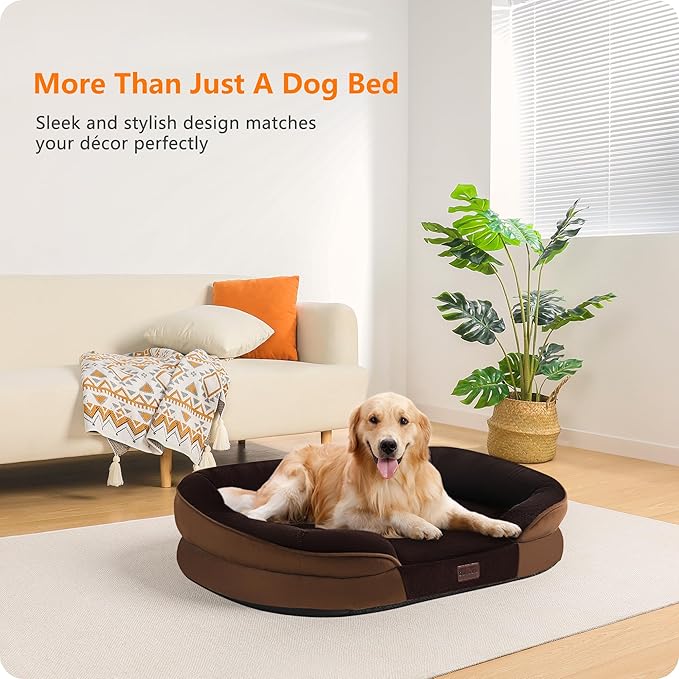 Dwanton Orthopedic Dog Bed for Large Dogs with Gel Memory Foam, Waterproof Dog Sofa, Washable Pet Bed with Four Sided Bolster Cushion, Removable Cover & Non-Slip Bottom, 42", Brown