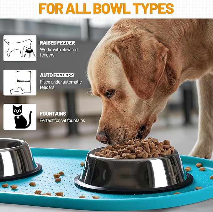 Hubulk 100% Waterproof Silicone Pet Feeding Mat with Raised Edge for Food and Water, Dog Bowl Mats, Cat Bowls Placemat with High Lip Protects Floor for Cats and Dogs (Teal, 24" L x 16" W)