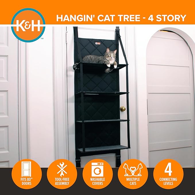 K&H Pet Products Hangin Cat Tree Door Mounted Cat Furniture, Space Saving Multi-Level Wall Perch Hammock Bed, Interconnecting Levels, Collapsible, Tool-Free Assembly - Gray - Fits Doors <80in H