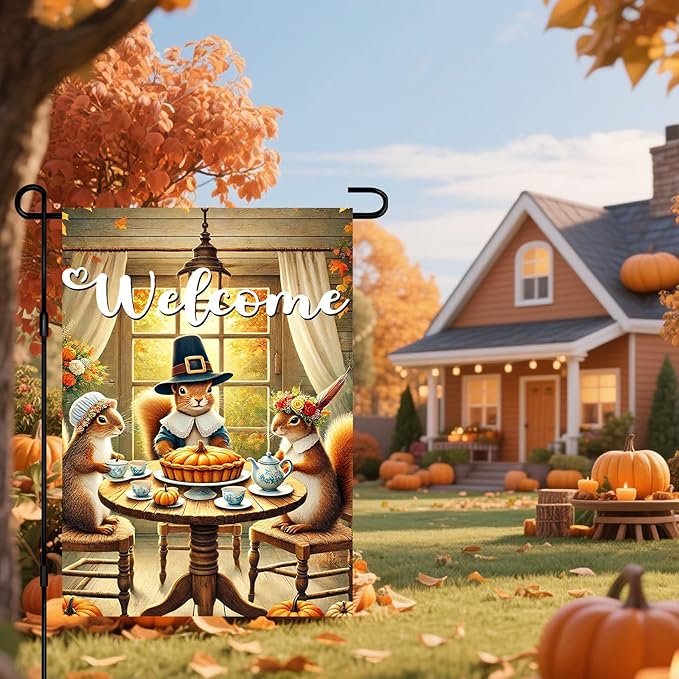 Welcome Garden Flag Autumn Garden Flag Adorable Squirrels Tea Party Decorative Garden Flags Pumpkin Pie Festive Fall Scene Outdoor Yard Banner 12x18 Inch Double Sided Home Accent