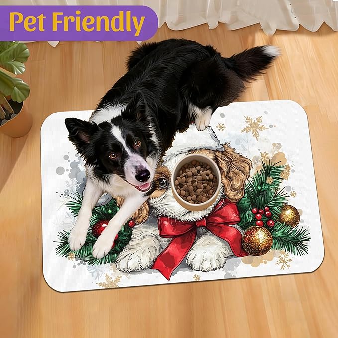 Christmas Dog and Cat Food Mat, Absorbent Feeding Placemat, Waterproof Non-Slip Rubber Base – 12x20 Inch