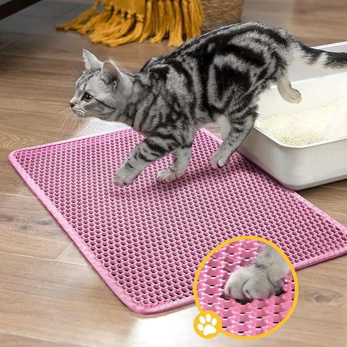 Cat Litter Mat New Size 23.6"x14.6" for Small Spaces, Upgrade Super Waterproof Back Layer Litter Box Mat, Non Slip, Durable, Soft on Paws Kitty Trapping Matt, Pink