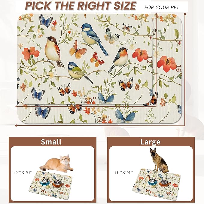 Butterfly Bird Dog Food Mat for Floors,Vintage Nature Absorbent Pet Food and Water Bowl Mats,Non-Slip Pet Feeding Mat,Pet Supplies 16" x 24"