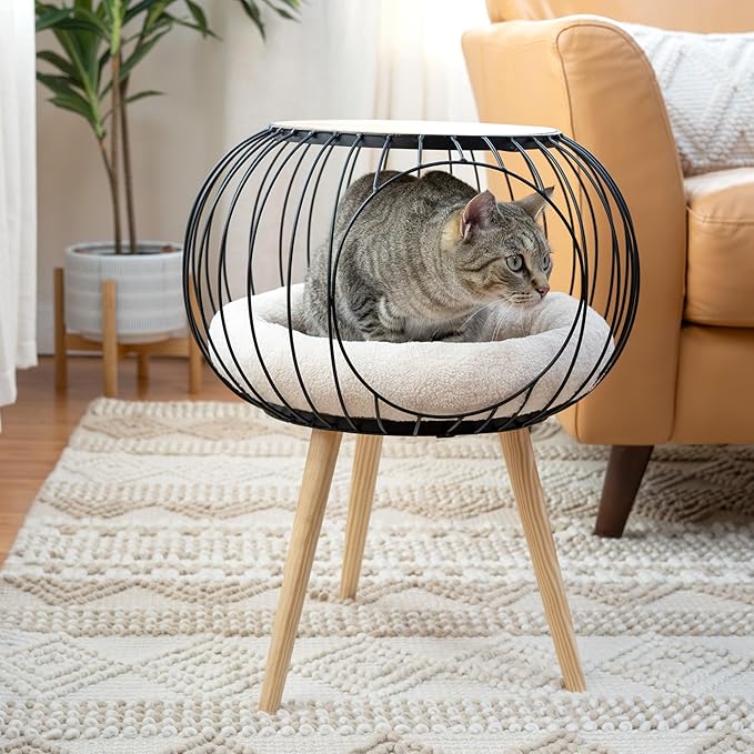 Kitty City Modern Cat Bed with Wooden Side Table, Elevated Indoor Cat Lounge Furniture with Removable Sherpa Cushion, Stylish Cat Bed for Home Décor