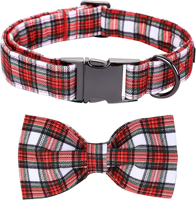 Christmas Dog Collar, Red Plaid Cotton Collars with Bow Adjustable Pet Collar Premium Metal Buckle, Christmas Puppy Necklace for X-Small Girl and Boy Dogs