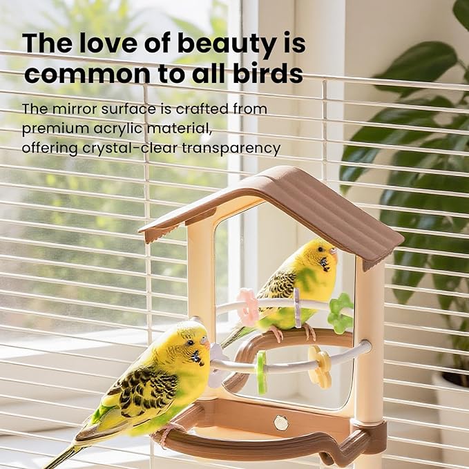 8.1 Inch Pet Bird Mirror with Perch Stand and Parakeet Chew Toys,Parrot Toys Bird Cage Decorative Accessory, Helps Birds Release Stress for Canaries Budgies Lovebirds Conures Cockatiels (Pink)