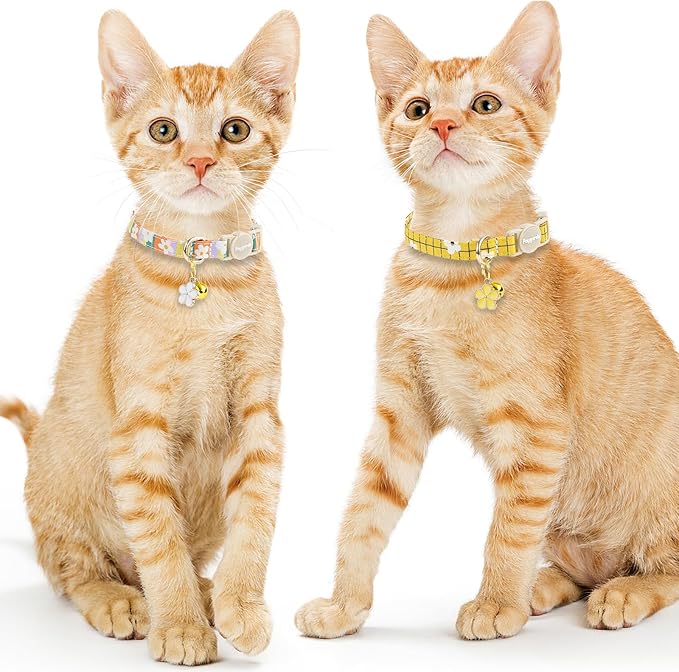 Faygarsle 2 Pack Striped Plaid Floral Pattern Cat Collars Breakaway Safety Collar with Bell Spring Summer Design for Girl Cats,Yellow Multicolor