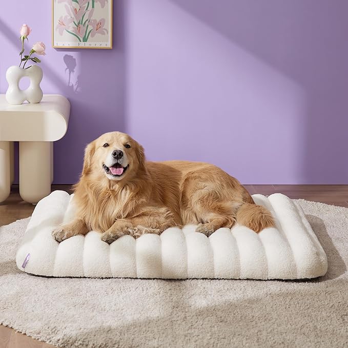 LE SURE Cute Orthopedic Dog Bed for Extra Large Dogs, XL Waterproof Chic Flat Pet Beds with Removable Washable Cover, Fuzzy Thick Egg Crate Foam Pet Mat for Indoor Use (44" x 32", Cream)