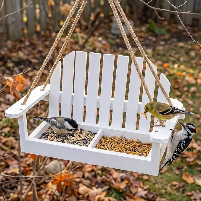 Solution4Patio White Swing Bird Feeder, Squirrel-Proof Metal Mesh Tray with Bench Design, High-Capacity Rust-Resistant Hanging Bird Feeder for Porch & Yard Décor – Easy Fill & Clean