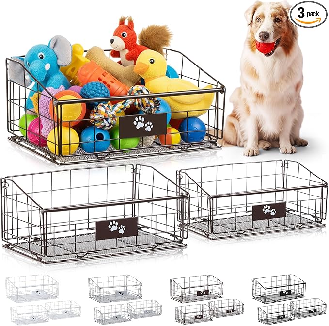 Mimorou 3 Pack Metal Dog Toy Baskets Multi-sized Foldable Dog Toy Bins Box Storage Container Organizer for Living Room Area Decorative Pet Accessories Coat Clothing Storage Holder Baskets(Bronze)