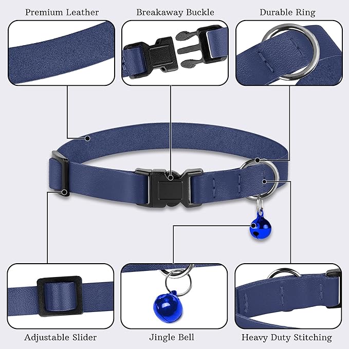 Breakaway Cat Collar with Bell - Leather Adjustable Kitten Collars with Safety Quick Release Buckle - Soft Small Pet Collars for Girl & Boy Cats (Deep Blue)