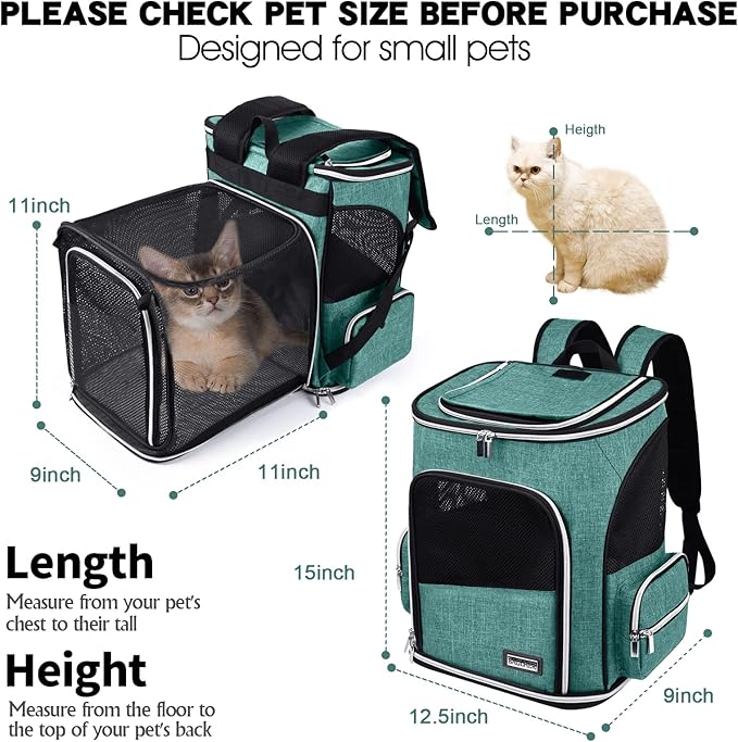 BAGLHER Expandable Pet Carrier Backpack，Pet Backpack for Small Cats Puppies Dogs Bunny, Airline-Approved Ventilate Backpack for Travel, Hiking and Outdoor Use. Green