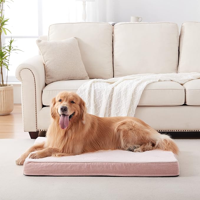 Memory Foam Orthopedic Large Dog Bed, Washable Dog Bed for Crate with Cooling Gel Mattress, Waterproof Liner and Plush Removable Cover for Extra Large Dogs (Pink)