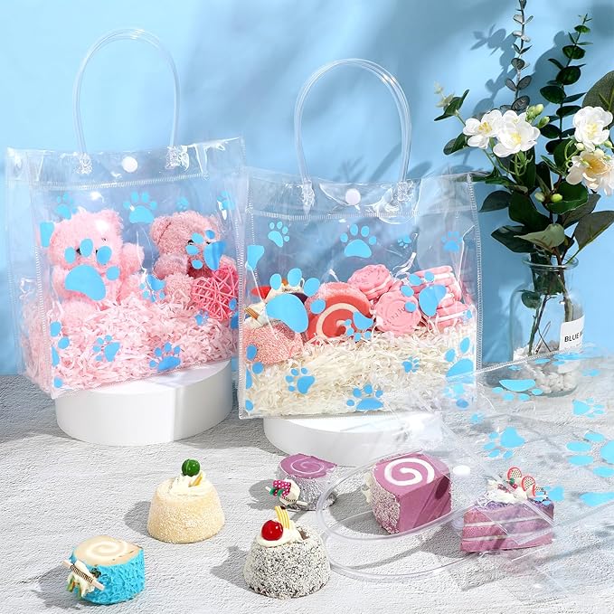 Teling 20 Packs Dog Paw Clear PVC Gift Bags with Handle Reusable Plastic Wrap Tote Bags Transparent for Puppy Pet Treat Party Favor Birthday Wedding Party, 8 x 8 x 3.15 Inch(Blue)