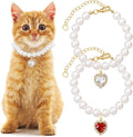 2pcs Cat Pearl Collar with Heart Pendant, Cute Pearl Pet Necklace in Small, Adjustable Wedding Party Small Dog Jewelry Accessories for Puppy Kitten- White & Red