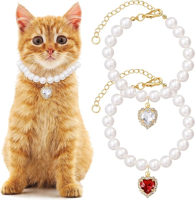 2pcs Cat Pearl Collar with Heart Pendant, Cute Pearl Pet Necklace in Small, Adjustable Wedding Party Small Dog Jewelry Accessories for Puppy Kitten- White & Red