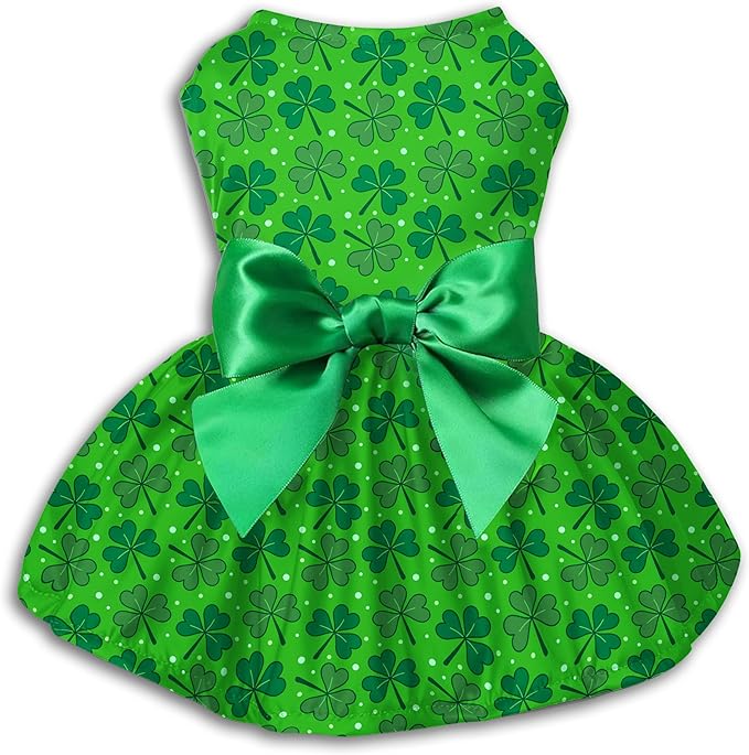 St. Patrick's Day Dog Dress, Green Shamrock Clover Puppy Skirt with Bowknot, Soft Breathable Pet Clothes for Small Medium Dogs & Cats, Cute Irish Holiday Outfit Apparel & Costume