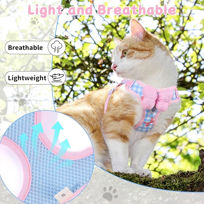 Cat Vest Harness and Leash Set for Walking Escape Proof, Adjustable Kitten Harness and Leash Set Breathable Mesh with Bow Harness for Kitty Puppy Bunny（Pink Medium）