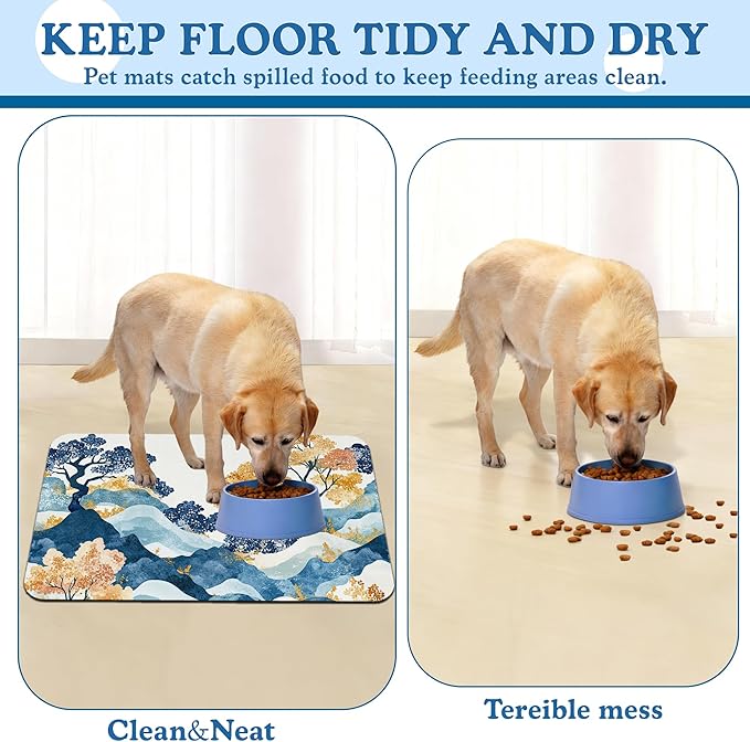 Japanese Wave Tree Dog Food Mat–Christmas Stocking Absorbent Quick Dry Feeding Placemat for Food and Water Bowls, Non Slip Rubber Backing, Waterproof Pet Supplies for Mess-Free Eating 16"x24"