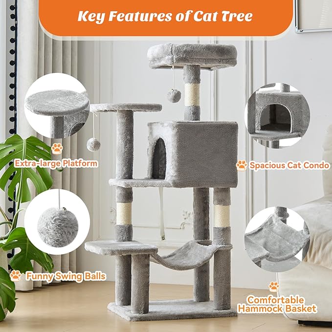 Sweetcrispy 44 Inch Cat Tree Tower, Cat Climbing Tower with Natural Sisal Scratching Posts, Hammock, Pet Condo for Indoor Cats and Kittens Play, Light Grey