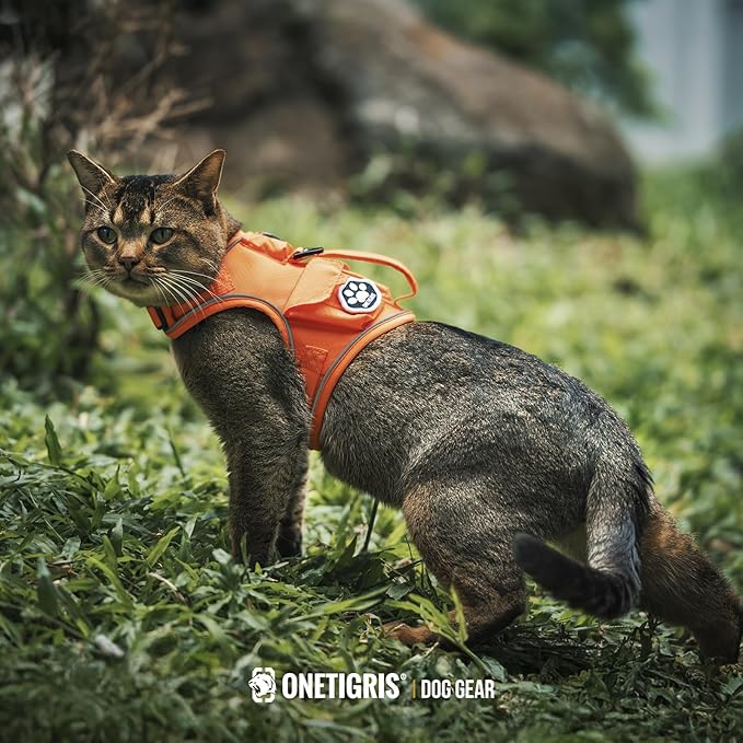 OneTigris Cat Harness and Leash - Escape Proof Soft Adjustable Kitten Harness, Breathable, Comfortable, Durable Water-Resistant Tactical Vest with Reflective Strips and Pocket for Cat Tracker