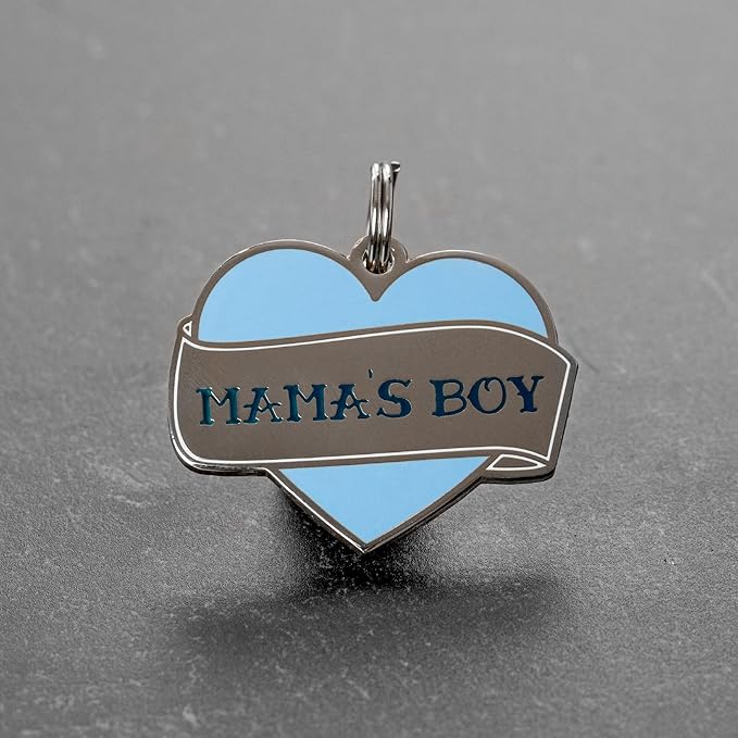 Two Tails Pet Company Personalized 'Mama's Boy' Pet ID Tag - Custom Engraved Dog Tags for Pets - Durable Brass, Silver Plating, Free Engraving for Dog's Name, Perfect for Dog Collars & Leashes