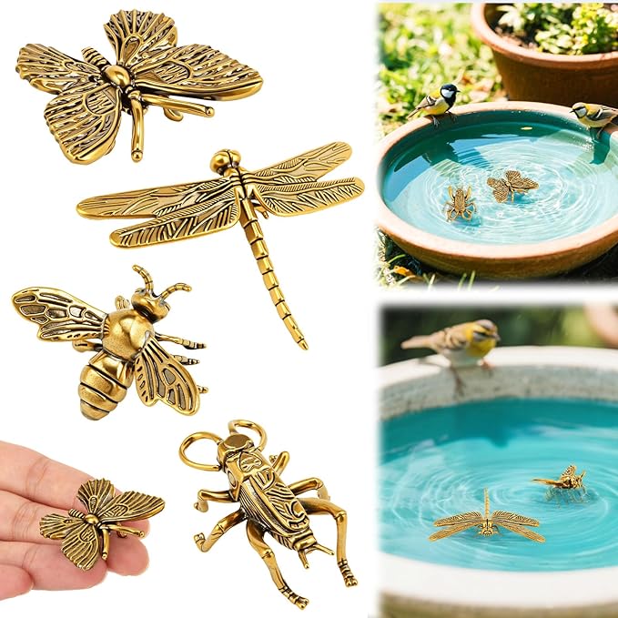 Moxweyeni 4 Pcs Mini Bird Bath Copper Ornaments Bird Bath Purification Disk Birdbath Cleaner Single 1 oz Weight Universal Fit for Outdoor Birdbaths, Bowl(Butterfly, Cricket, Bee, Dragonfly)
