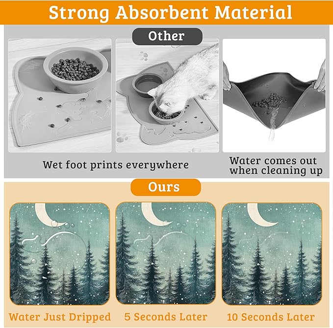 Pet Feeding Mat,Abstract Forest Absorbent Dog Cat Food Mat Moon Dog Mat with Rubber Backing,Non-Slip Water Bowl Placemat,Pet Supplies 12" x 20"