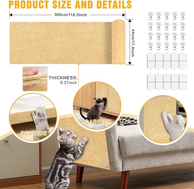 Cat Scratch Mat,118.5"x17.4" Trimmable Self-Adhesive Cat Scratch Furniture Protector, Sticky Cats Scratcher Wall Mat, Covering Cat’s Tower, Couch Protector from Cats Claws (Beige)