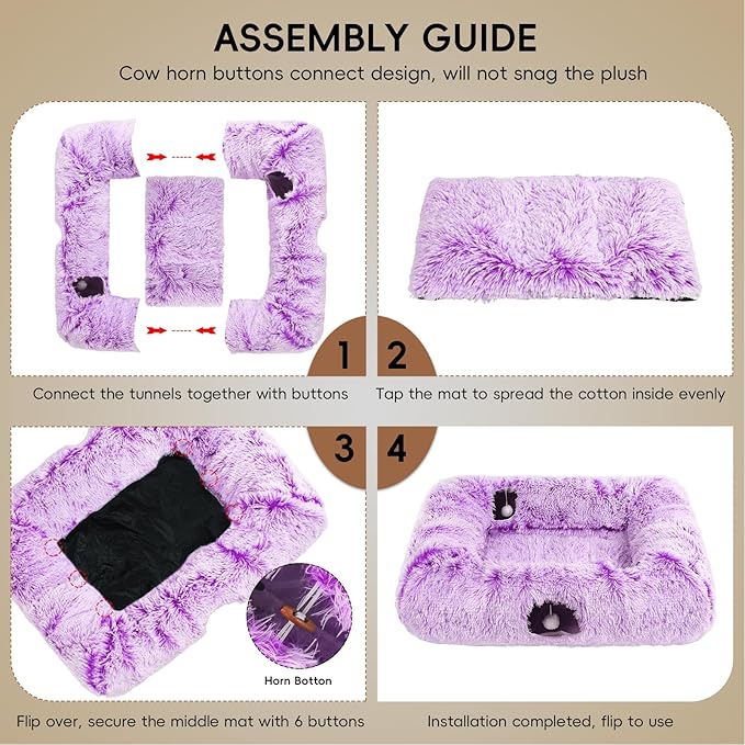 Extra Large Cat Tunnel Bed, 4 Ways Tunnels for Indoor Cats, Multi-cat Family Pet Bed & Cave, Plush Cat Donut with Washable Middle Mat, Exit Balls, Pet Play Toy for Kitten Puppy Rabbit, Purple
