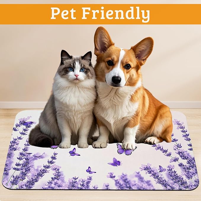 Pet Feeding Mat,Lavender Butterfly Absorbent Dog Cat Food Mat Purple Dog Mat with Rubber Backing,Non-Slip Water Bowl Placemat,Pet Supplies 16" x 24"