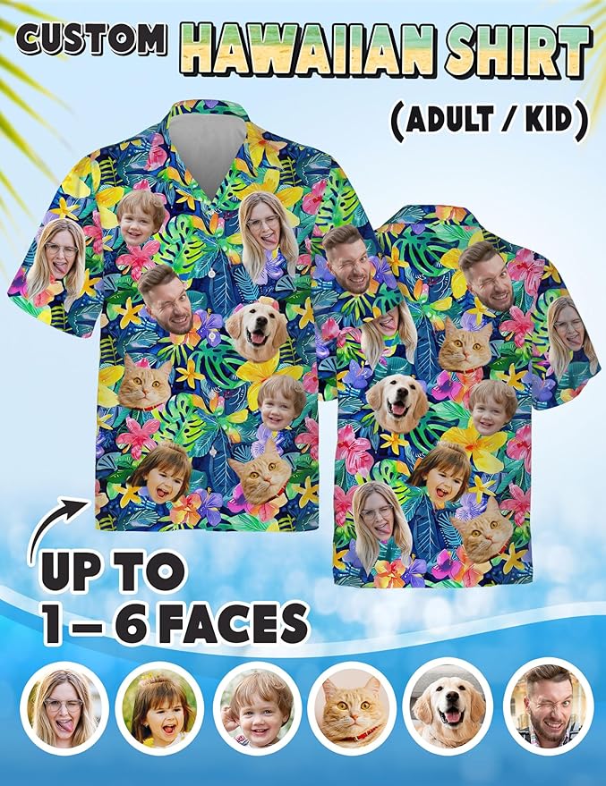 Custom Hawaiian Shirt with Face Photo Picture for Men Women Kids Youth Adult, Tropical Personalized Hawaiian Shirts Gift