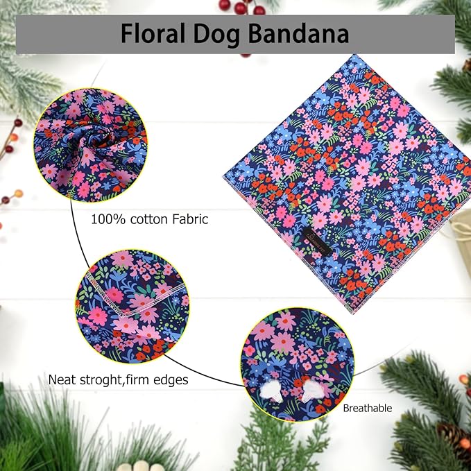 ARING PET Floral Dog Bandanas, Blue Pink Orange Flowers Pet Bandana Scarf Triangle Bibs for Puppy Small Medium Large Boy Girl Dogs Cats-L